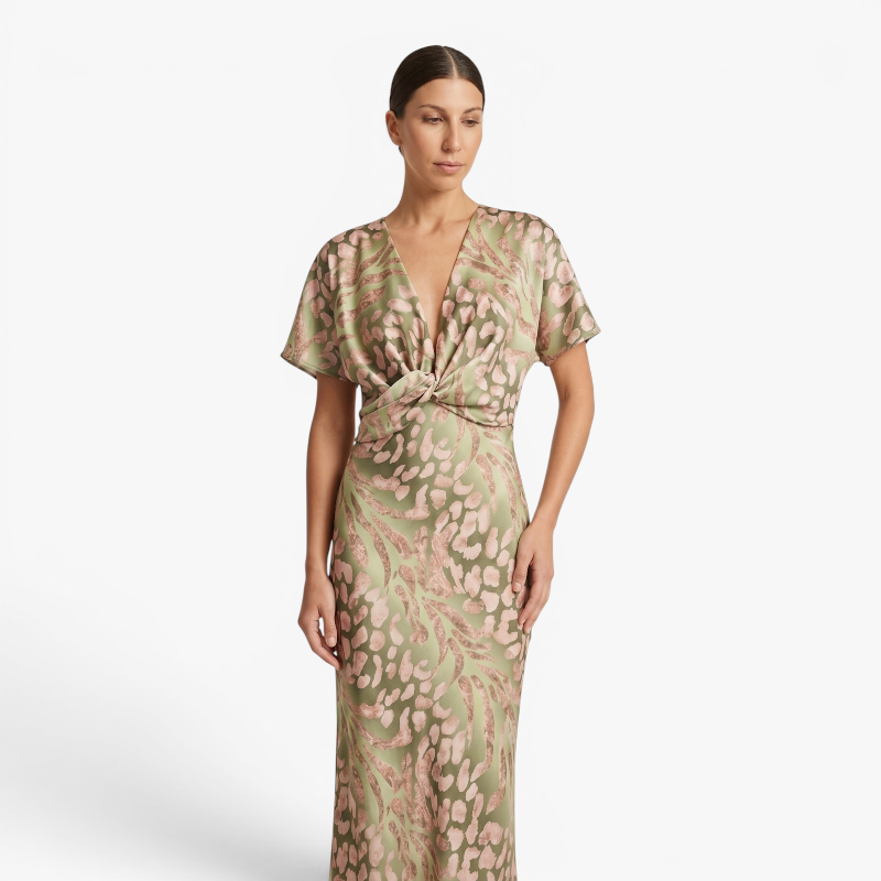 Women’s Printed Maxi Dress with Elegant Twist Front Design