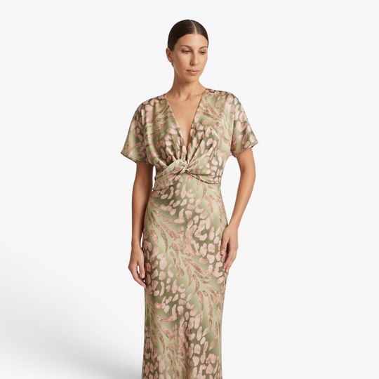 Women’s Printed Maxi Dress with Elegant Twist Front Design