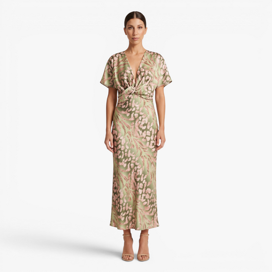 Women’s Printed Maxi Dress with Elegant Twist Front Design