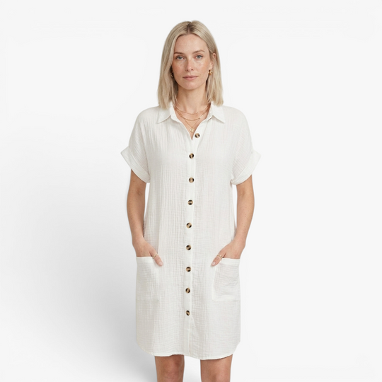 Women’s Textured Button Front Summer Dress with Relaxed Fit