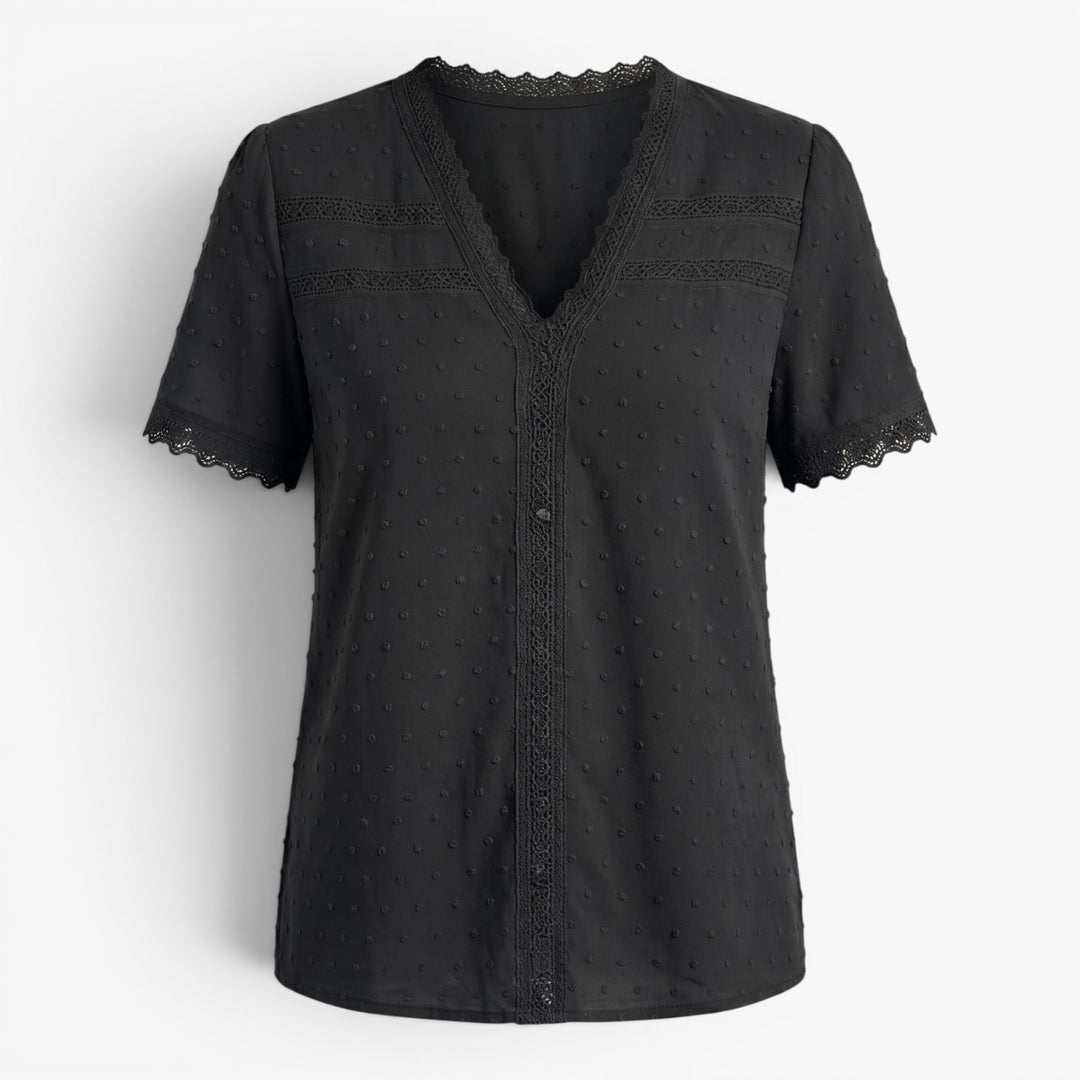 Women's Lace Trim V-Neck Swiss Dot Blouse