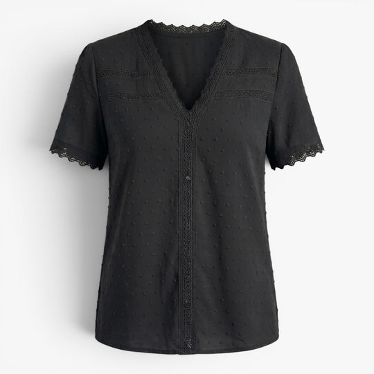 Women's Lace Trim V-Neck Swiss Dot Blouse