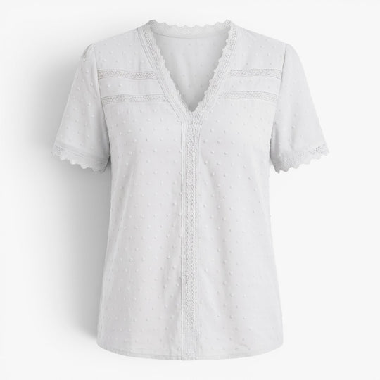 Women's Lace Trim V-Neck Swiss Dot Blouse