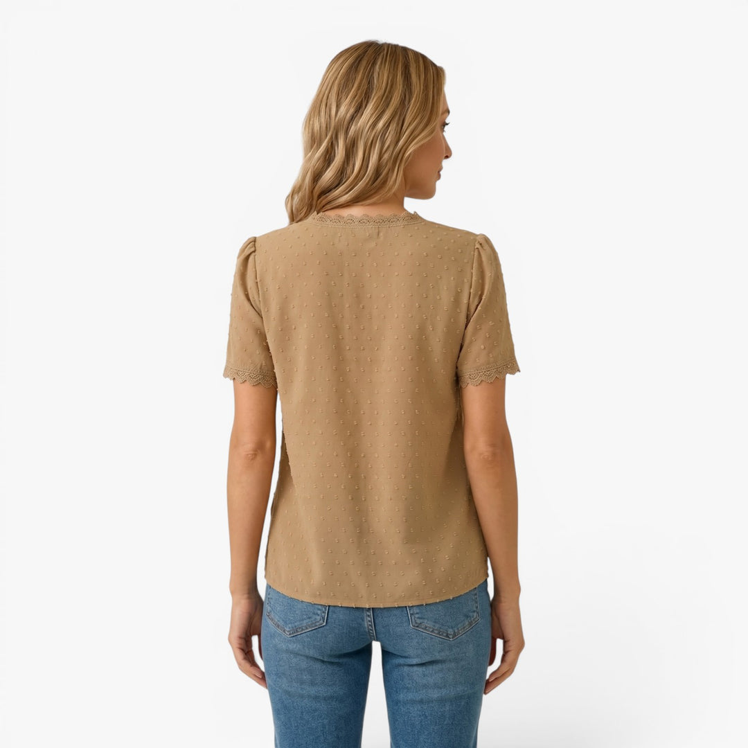 Women's Lace Trim V-Neck Swiss Dot Blouse