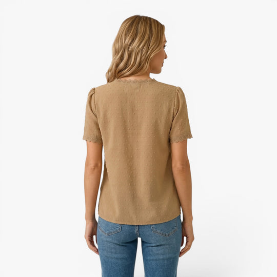 Women's Lace Trim V-Neck Swiss Dot Blouse