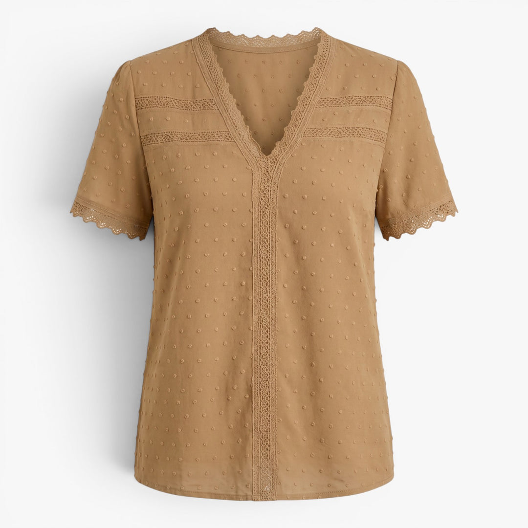 Women's Lace Trim V-Neck Swiss Dot Blouse