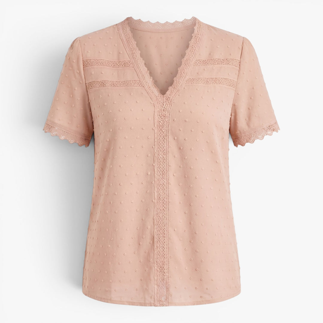 Women's Lace Trim V-Neck Swiss Dot Blouse