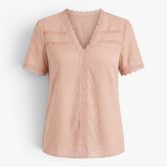 Women's Lace Trim V-Neck Swiss Dot Blouse