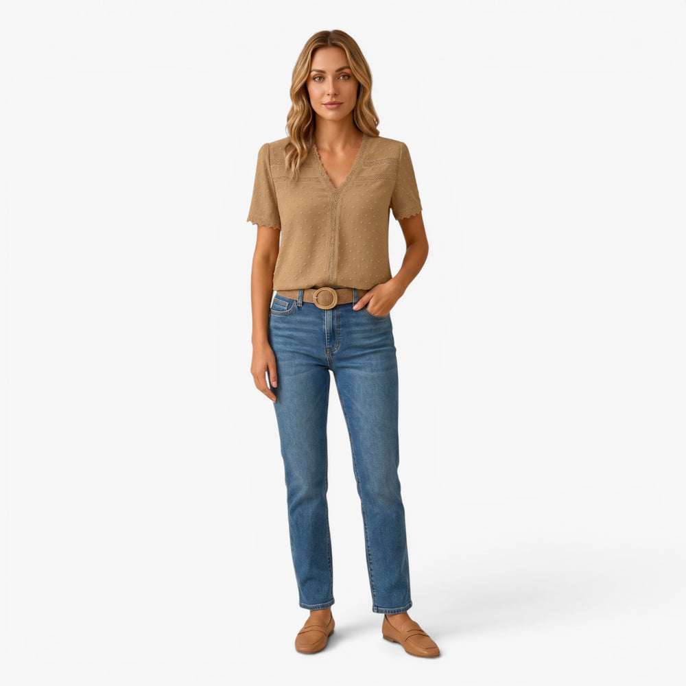 Women's Lace Trim V-Neck Swiss Dot Blouse
