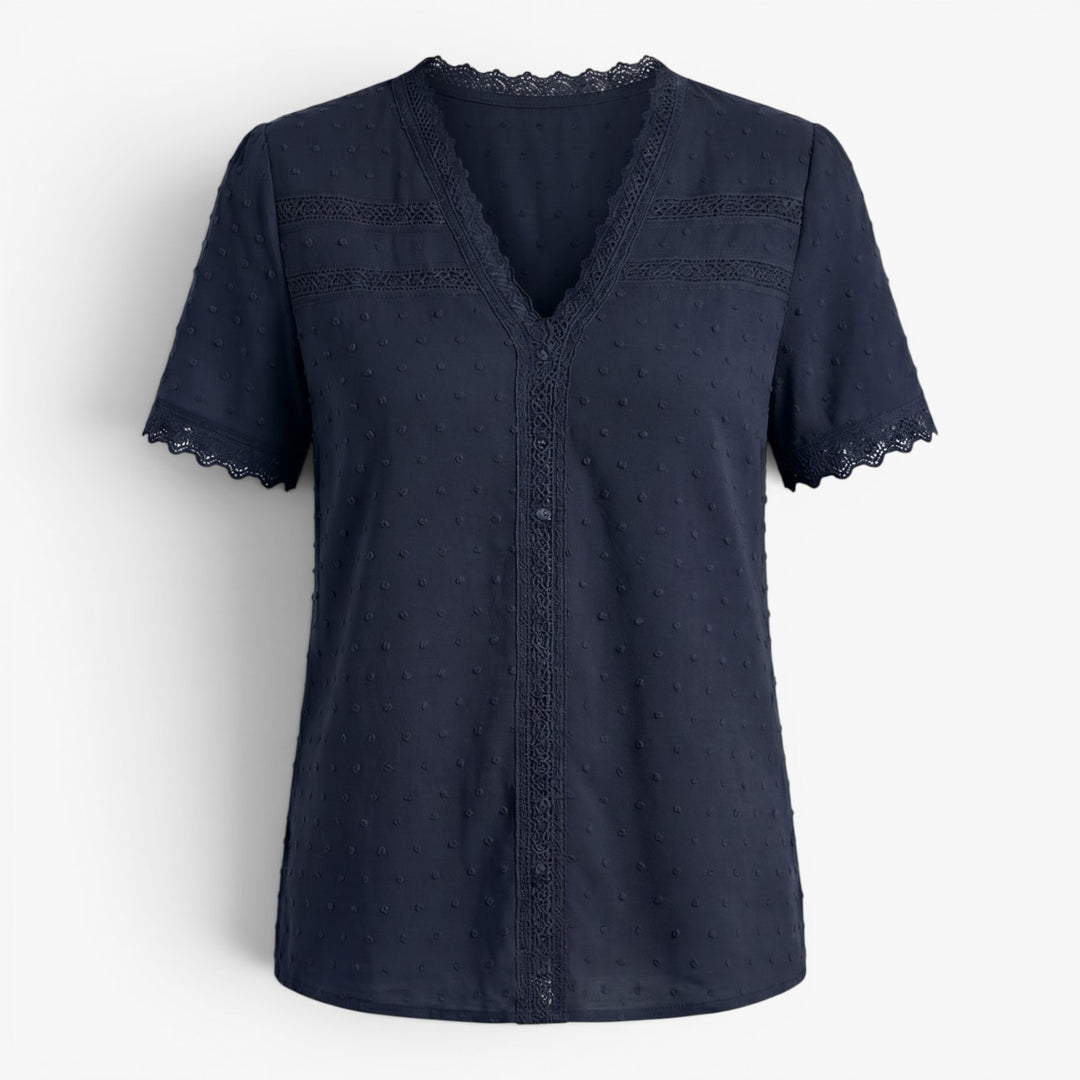 Women's Lace Trim V-Neck Swiss Dot Blouse