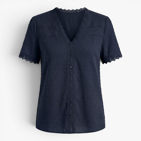 Women's Lace Trim V-Neck Swiss Dot Blouse