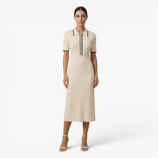 Women's Ribbed Knit Midi Dress with Contrast Trim Details
