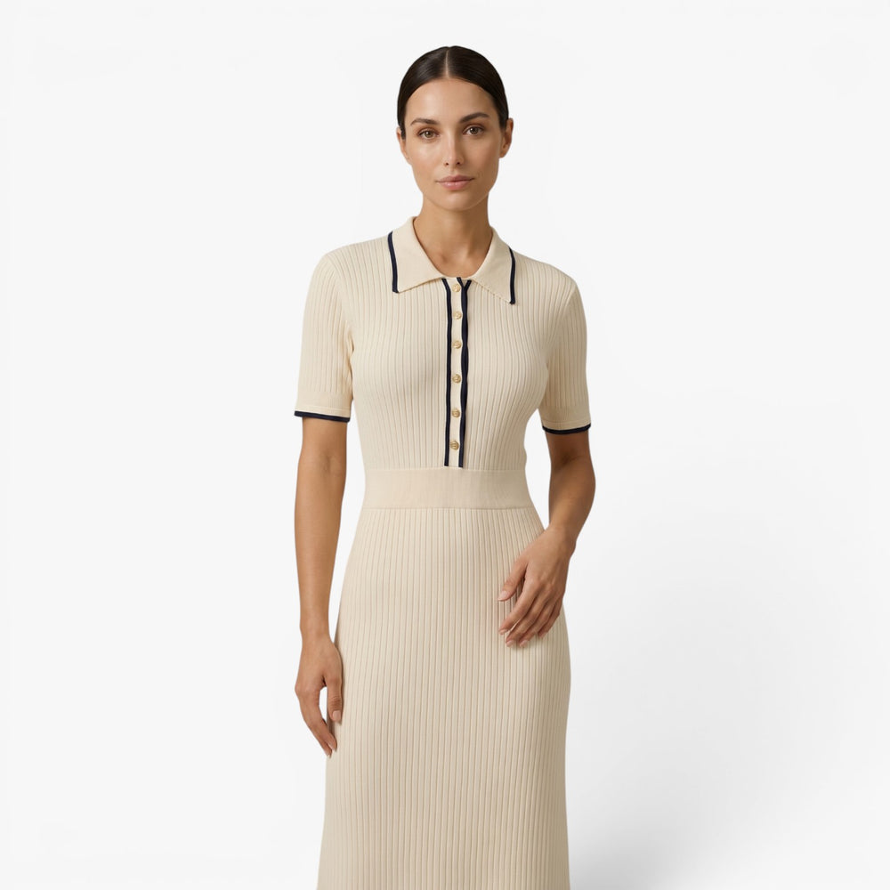 Damen Geripptes Strick-Midi Kleid mit Kontrastbesatz