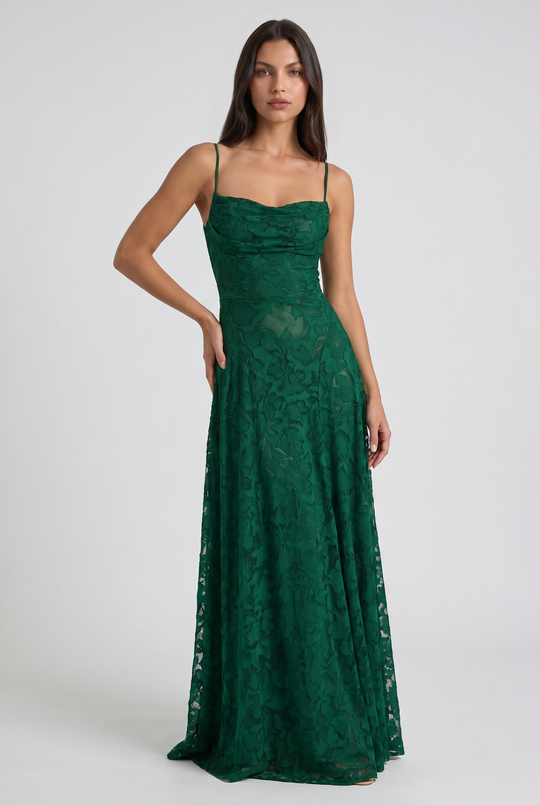 Women's Lace Maxi Dress with Cowl Neck for Evening Occasions