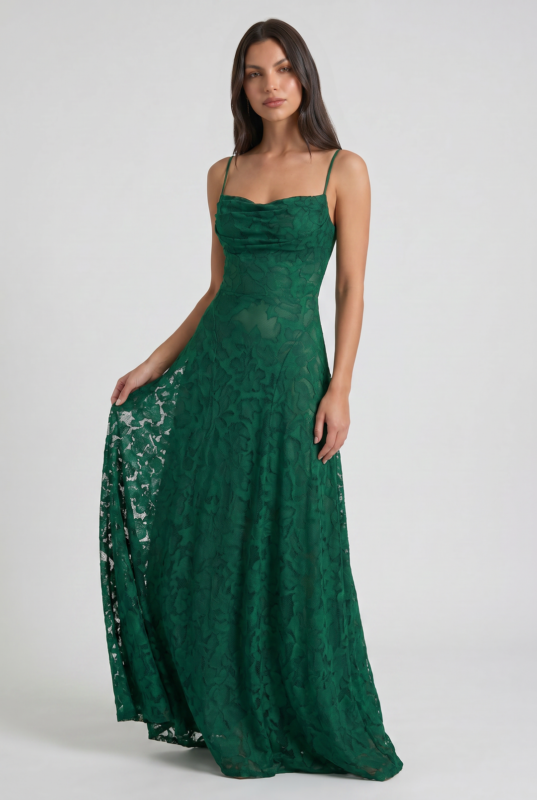Women's Lace Maxi Dress with Cowl Neck for Evening Occasions