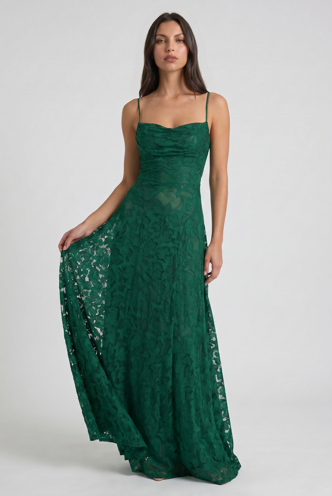 Women's Lace Maxi Dress with Cowl Neck for Evening Occasions