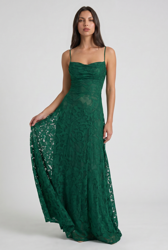 Women's Lace Maxi Dress with Cowl Neck for Evening Occasions