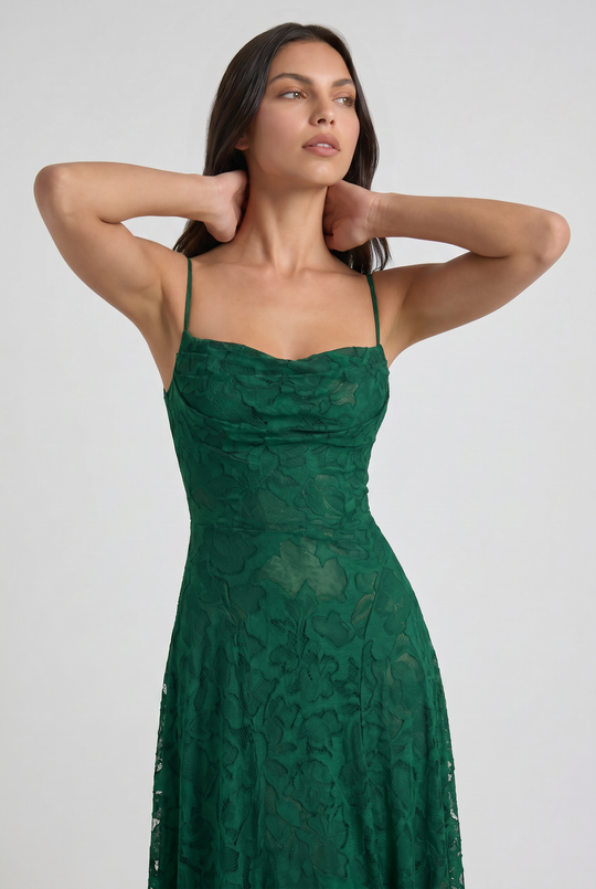 Women's Lace Maxi Dress with Cowl Neck for Evening Occasions