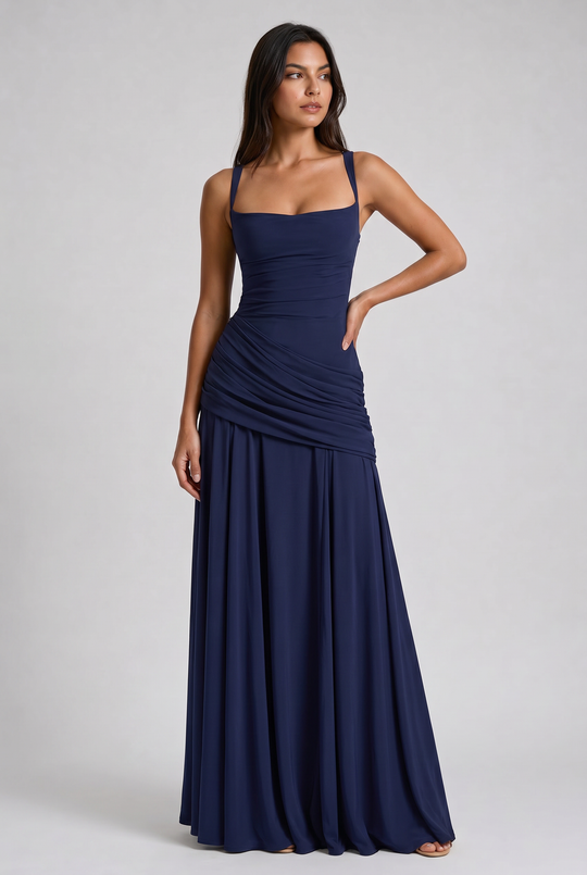 Women's Ruched Maxi Dress with Spaghetti Straps for Evening Occasions