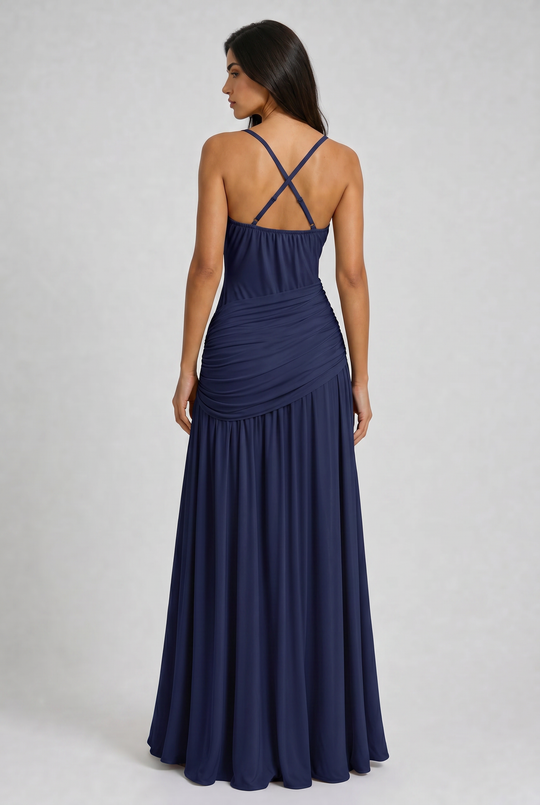 Women's Ruched Maxi Dress with Spaghetti Straps for Evening Occasions
