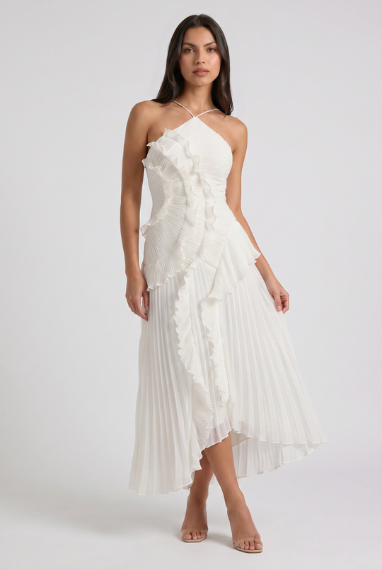 Women's Pleated Halter Midi Dress with Cascading Ruffle Trim for Special Occasions