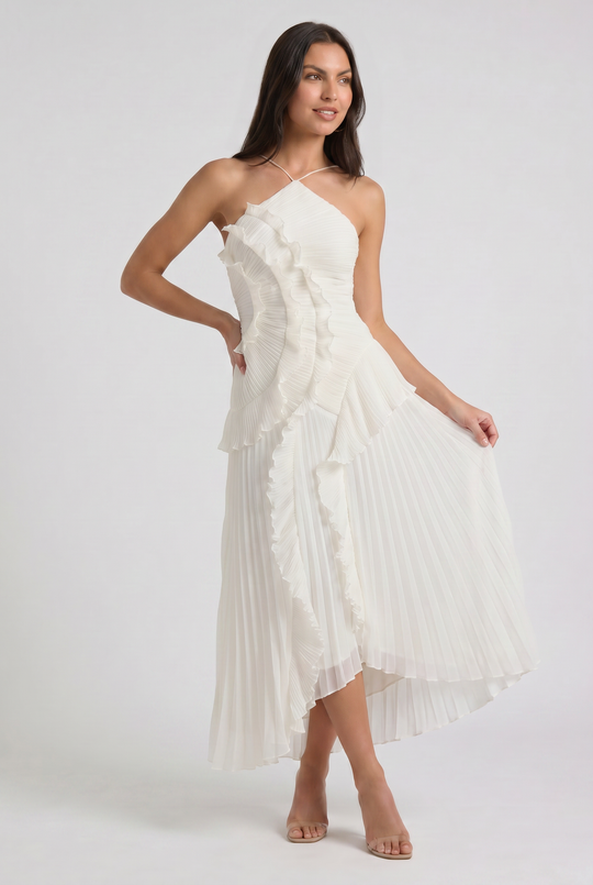 Women's Pleated Halter Midi Dress with Cascading Ruffle Trim for Special Occasions
