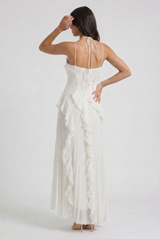 Women's Pleated Halter Midi Dress with Cascading Ruffle Trim for Special Occasions
