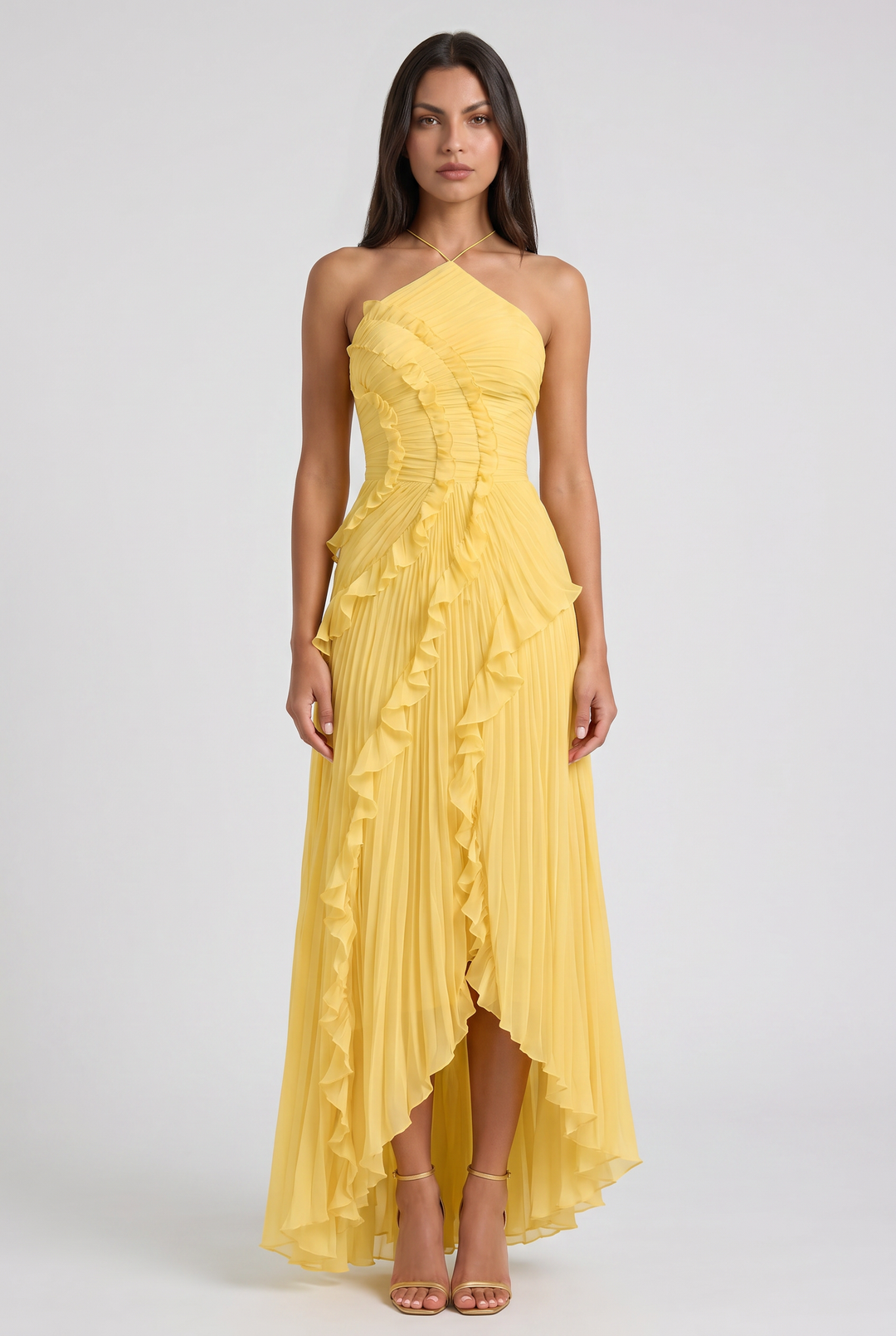 Women's Pleated Halter Midi Dress with Cascading Ruffle Trim for Special Occasions