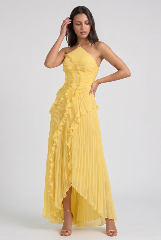 Women's Pleated Halter Midi Dress with Cascading Ruffle Trim for Special Occasions