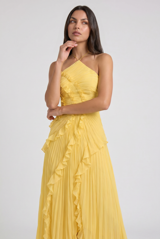 Women's Pleated Halter Midi Dress with Cascading Ruffle Trim for Special Occasions