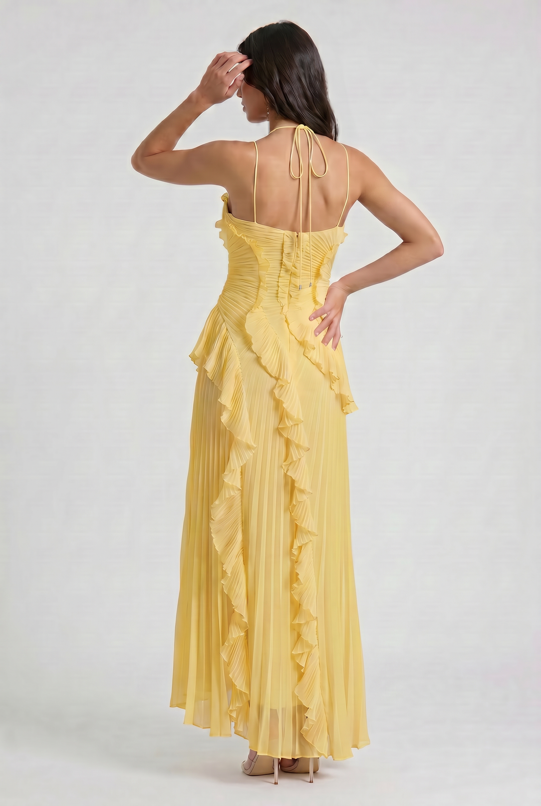 Women's Pleated Halter Midi Dress with Cascading Ruffle Trim for Special Occasions