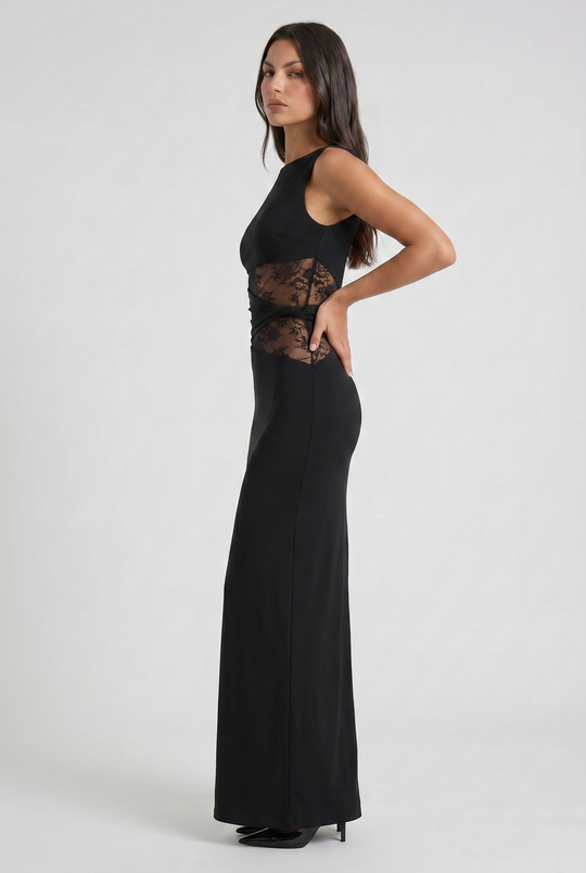 Women's Sleeveless Maxi Dress with Lace Cutout Waist for Evening Occasions