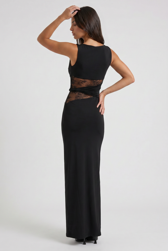Women's Sleeveless Maxi Dress with Lace Cutout Waist for Evening Occasions