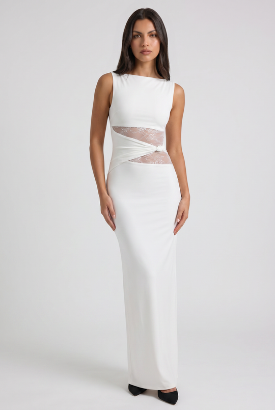 Women's Sleeveless Maxi Dress with Lace Cutout Waist for Evening Occasions