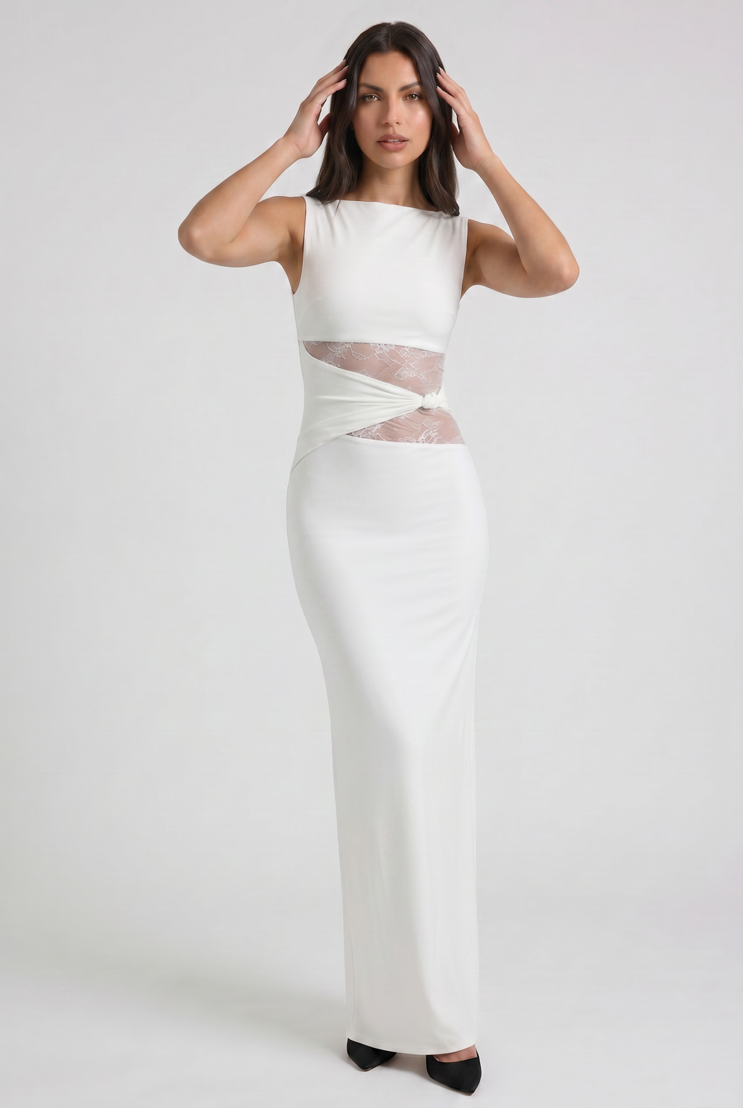 Women's Sleeveless Maxi Dress with Lace Cutout Waist for Evening Occasions