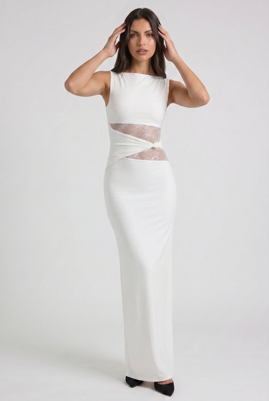 Women's Sleeveless Maxi Dress with Lace Cutout Waist for Evening Occasions