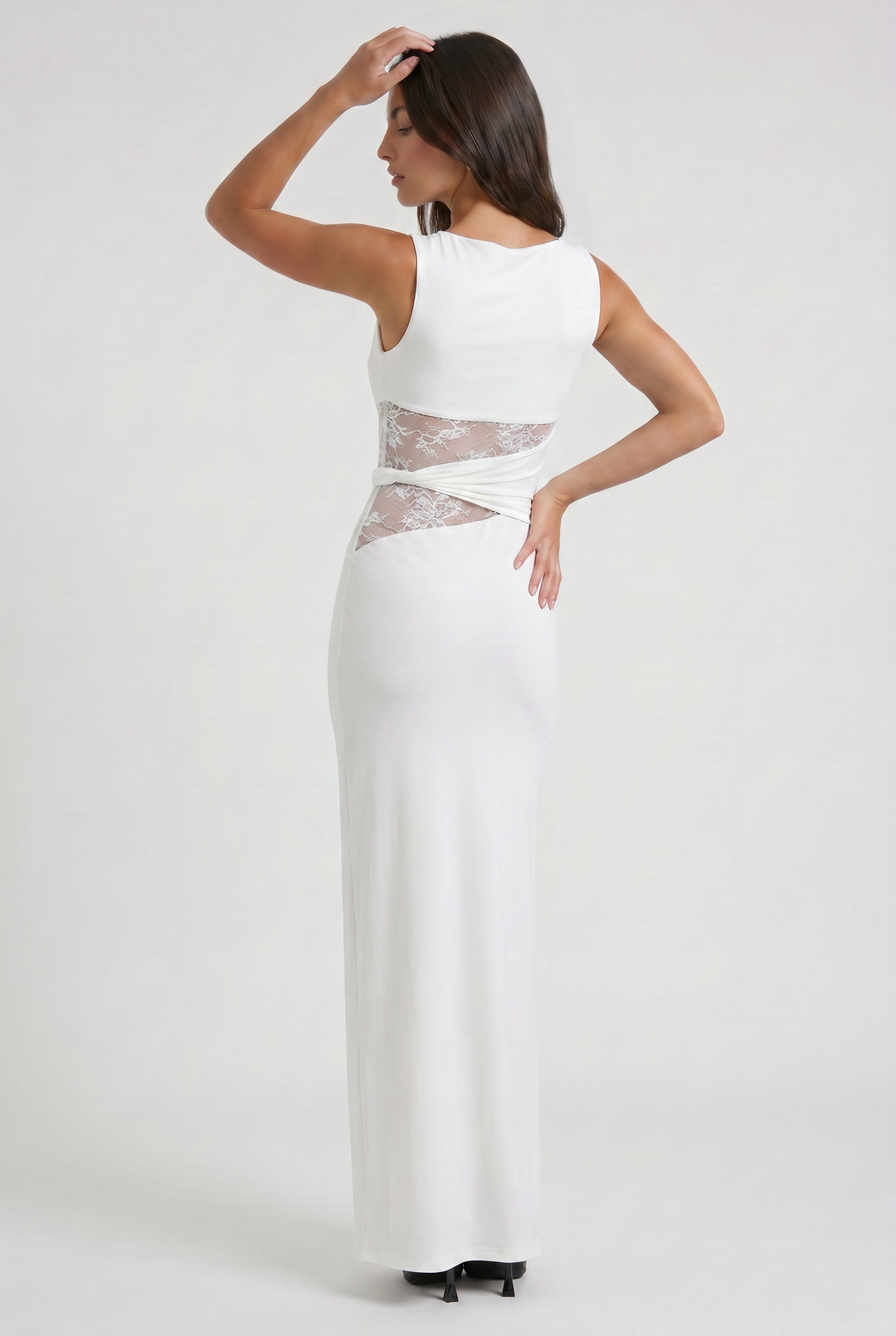 Women's Sleeveless Maxi Dress with Lace Cutout Waist for Evening Occasions