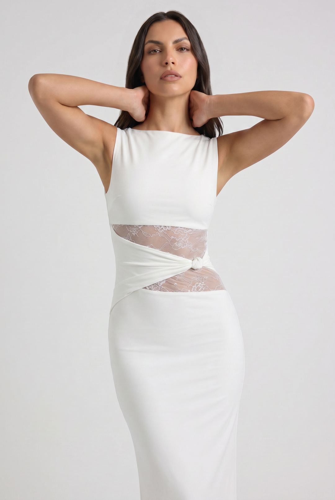 Women's Sleeveless Maxi Dress with Lace Cutout Waist for Evening Occasions