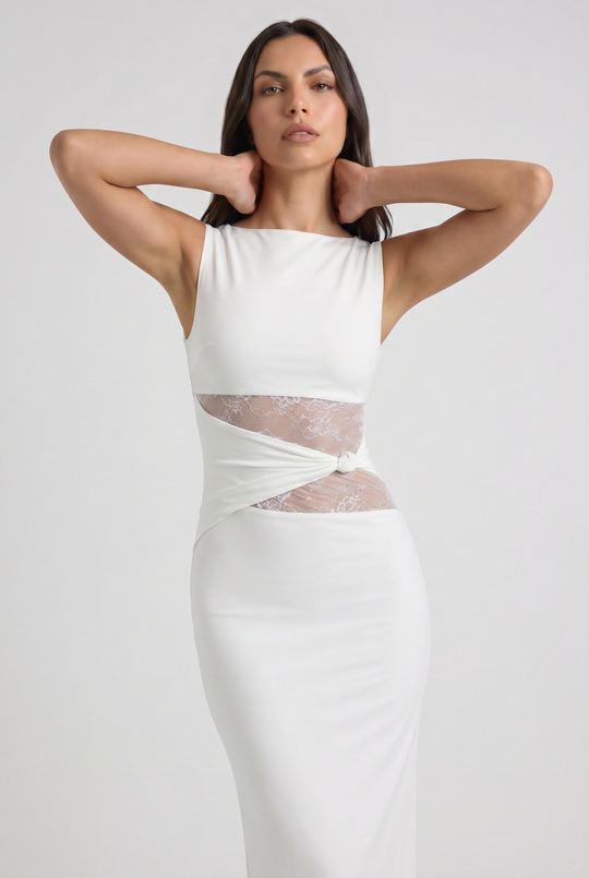 Women's Sleeveless Maxi Dress with Lace Cutout Waist for Evening Occasions