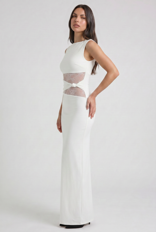 Women's Sleeveless Maxi Dress with Lace Cutout Waist for Evening Occasions