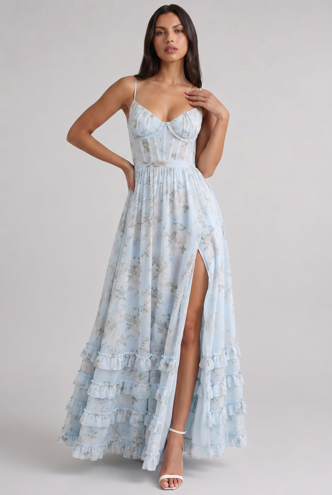 Women's Floral Corset Maxi Dress with Ruffle Hem for Garden Parties