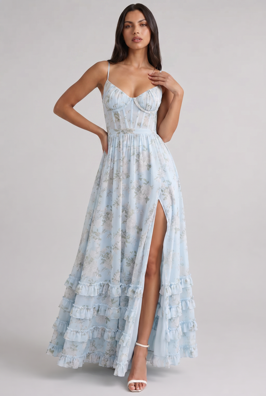 Women's Floral Corset Maxi Dress with Ruffle Hem for Garden Parties