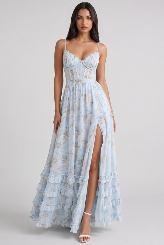 Women's Floral Corset Maxi Dress with Ruffle Hem for Garden Parties