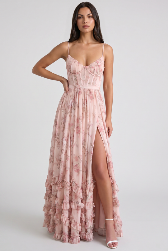 Women's Floral Corset Maxi Dress with Ruffle Hem for Garden Parties