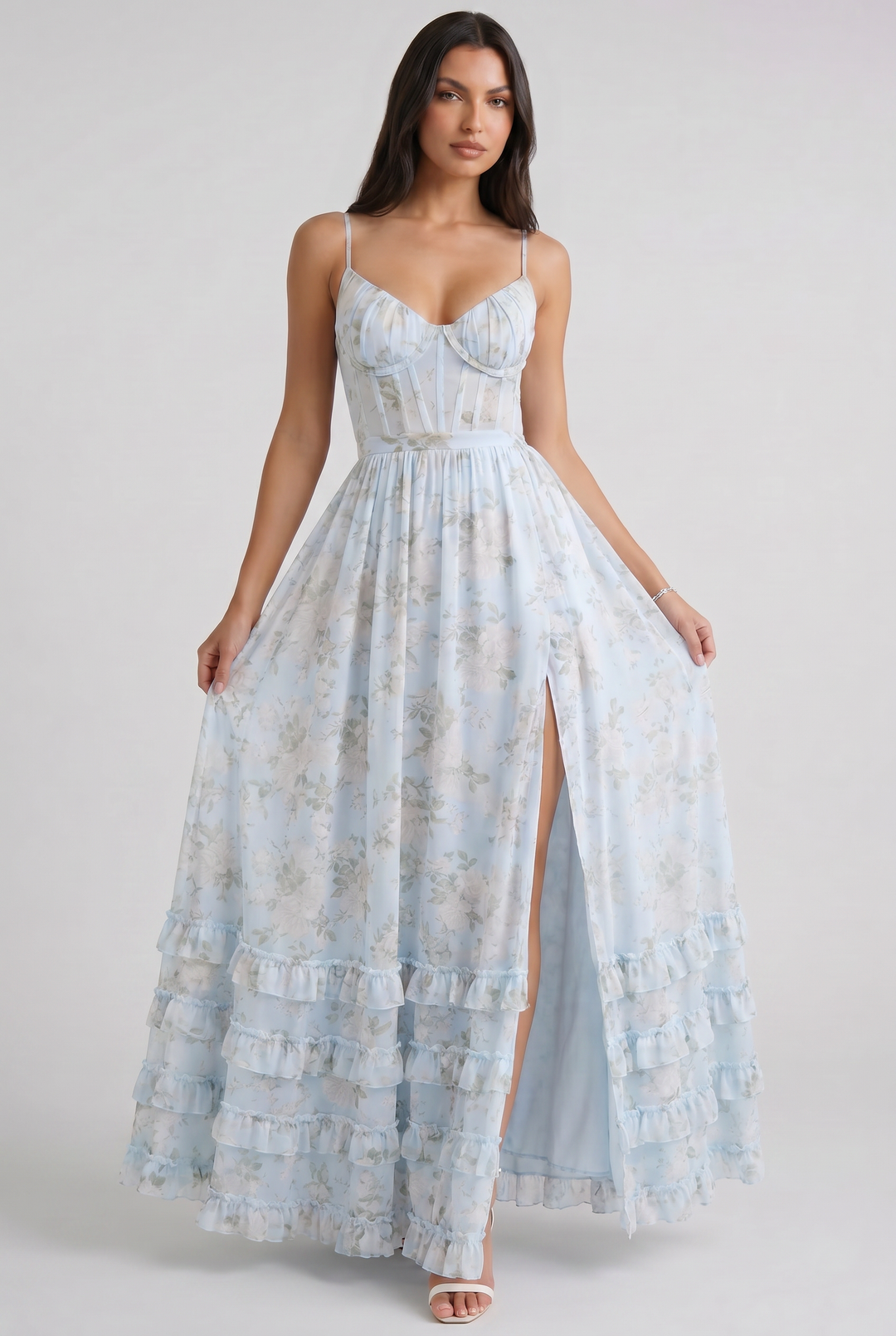Women's Floral Corset Maxi Dress with Ruffle Hem for Garden Parties