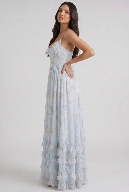 Women's Floral Corset Maxi Dress with Ruffle Hem for Garden Parties