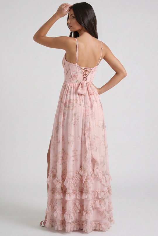 Women's Floral Corset Maxi Dress with Ruffle Hem for Garden Parties