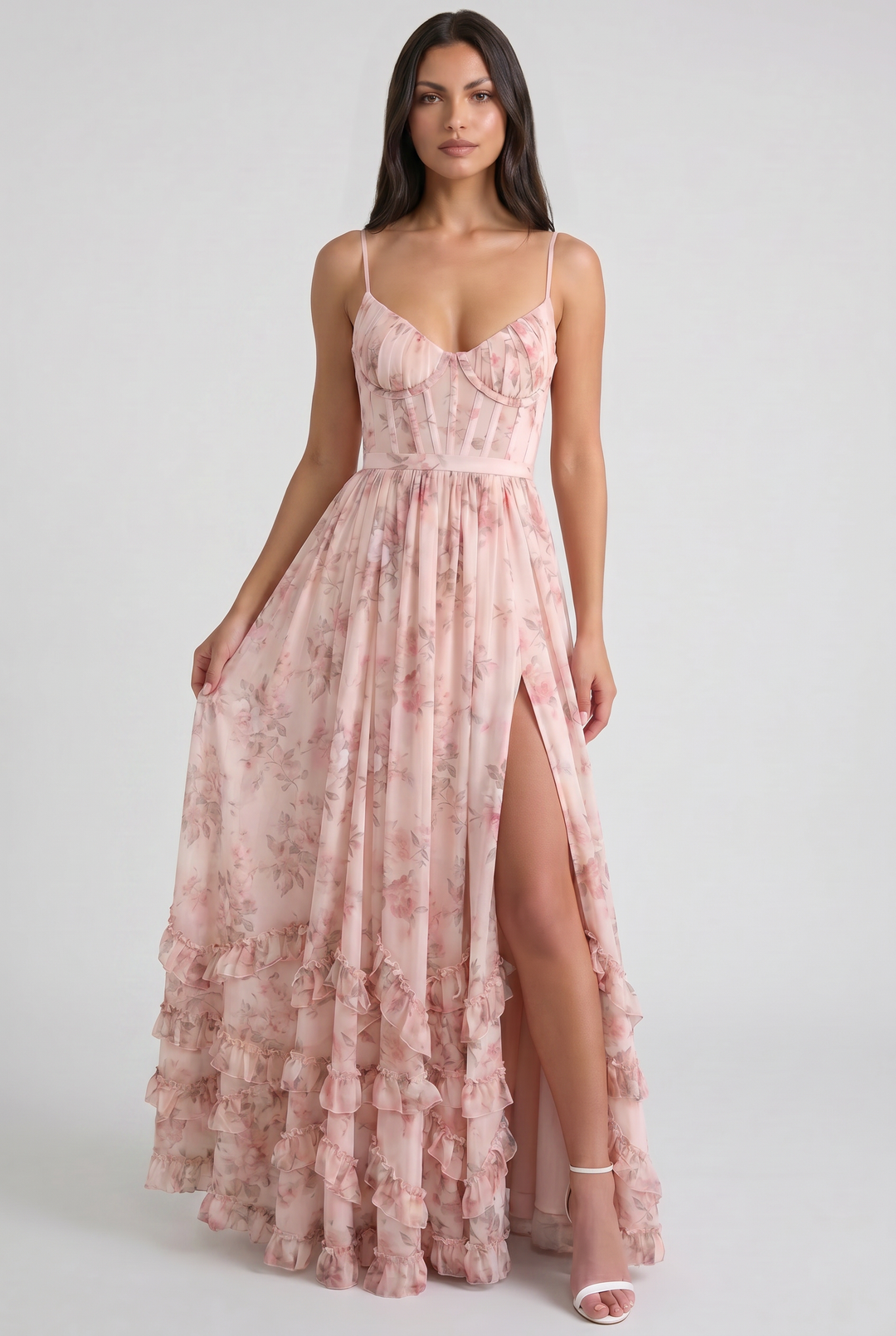Women's Floral Corset Maxi Dress with Ruffle Hem for Garden Parties