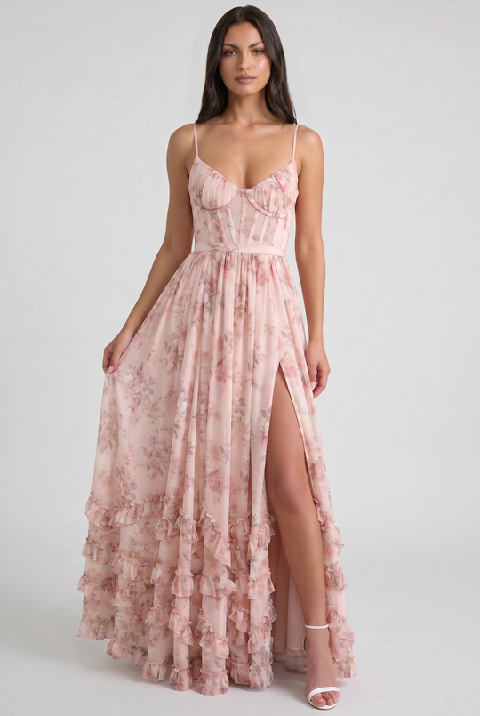 Women's Floral Corset Maxi Dress with Ruffle Hem for Garden Parties