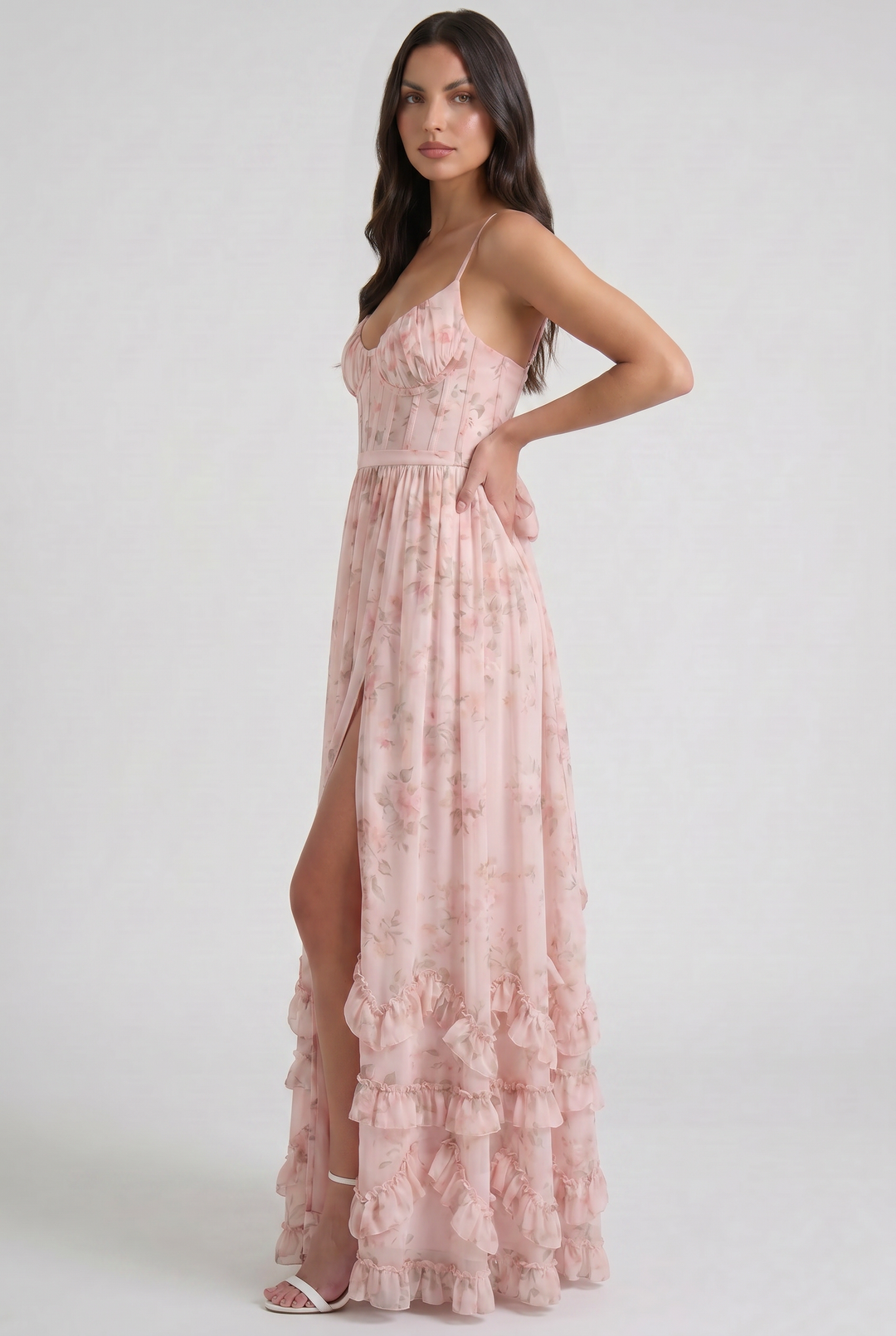 Women's Floral Corset Maxi Dress with Ruffle Hem for Garden Parties